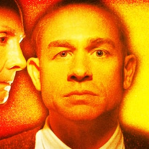 A photo illustration of Laurie Metcalf as Augusta Gein, Charlie Hunnam as Ed Gein.