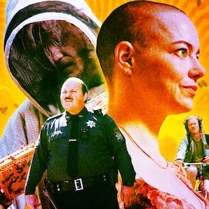 A photo illustration of Jesse Plemons, Emma Stone, and Stavros Halkias in Bugonia.