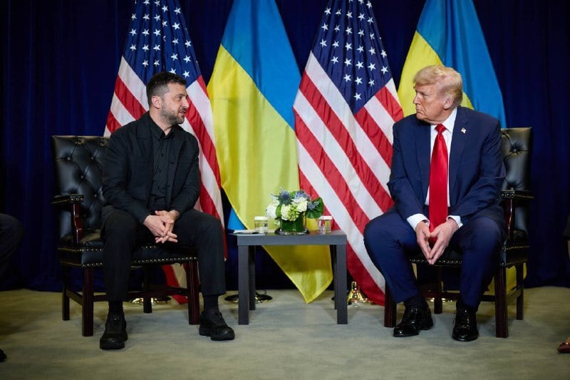 NEW YORK, UNITED STATES - SEPTEMBER 23: (----EDITORIAL USE ONLY - MANDATORY CREDIT - UKRAINIAN PRESIDENCY/HANDOUT' - NO MARKETING NO ADVERTISING CAMPAIGNS - DISTRIBUTED AS A SERVICE TO CLIENTS----) President of Ukraine Volodymyr Zelenskyy (L) attends a bilateral meeting with U.S. President Donald Trump (R) at the 80th session of the United Nations General Assembly (UNGA) at the UN headquarters on September 23, 2025 in New York City. (Photo by Ukranian Presidency / Handout/Anadolu via Getty Images)