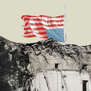 Illustration of the destruction of the East Wing of the White House with an upside down American flag