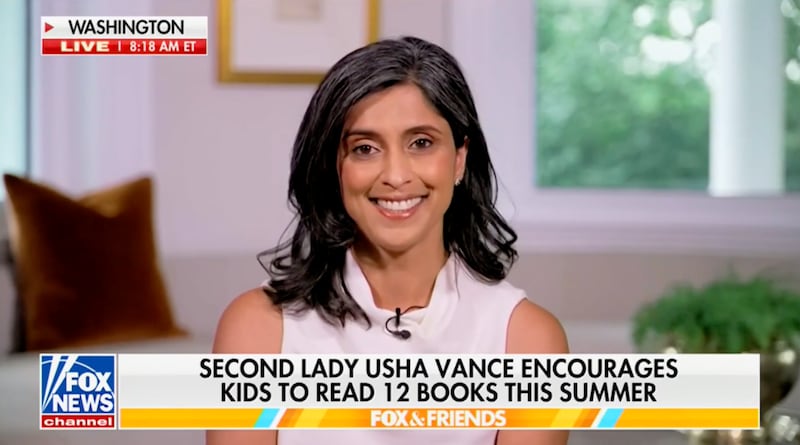 Usha Vance smiling through the pain on Fox & Friends.