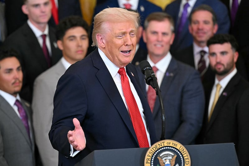 US President Donald Trump speaks alongside the college baseball teams of Louisiana State University (LSU) and LSU Shreveport, winners of this year College World Series and the National Championships, respectively, at the White House in Washington, DC, on October 20, 2025.