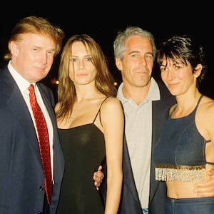 Donald Trump, Melania Trump, Jeffrey Epstein, and Ghislaine Maxwell pose together at the Mar-a-Lago club, Palm Beach, Florida, February 12, 2000.