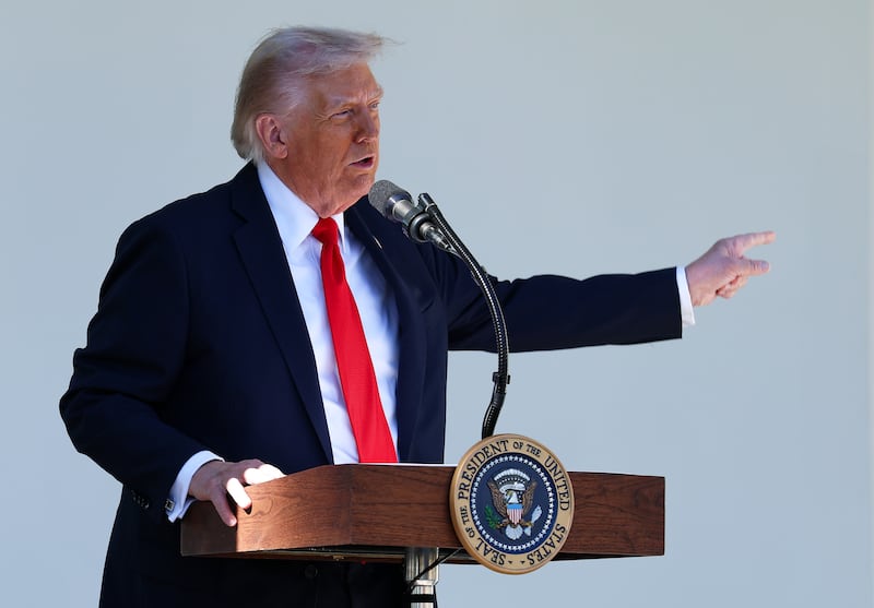 President Donald Trump delivers remarks during a luncheon in the Rose Garden of the White House on October 21, 2025 in Washington, DC. President Trump hosted the "Rose Garden Club" lunch with Senate Republicans as the federal government shutdown reaches its 21st day. (Photo by Anna Moneymaker/Getty Images)