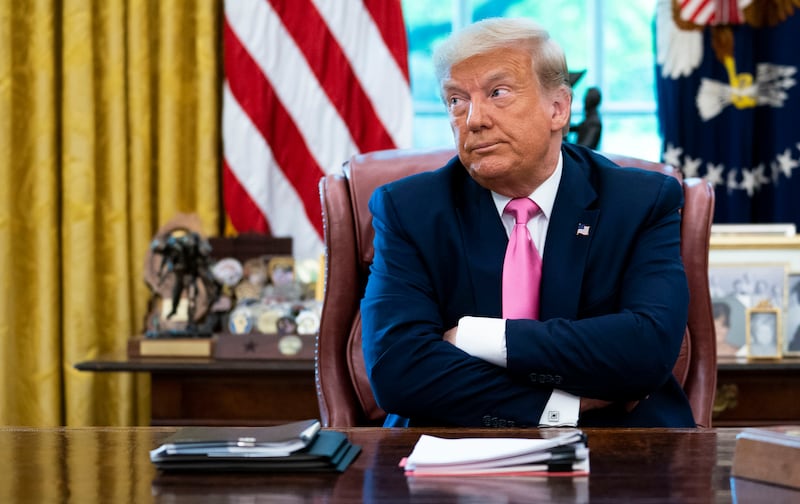 WASHINGTON, DC - JULY 20: U.S. President Donald Trump talks to reporters while hosting Republican Congressional leaders and members of his cabinet in the Oval Office at the White House July 20, 2020 in Washington, DC. Trump and his guests talked about a proposed new round of financial stimulus to help the economy during the ongoing global coronavirus pandemic.  (Photo by Doug Mills/Getty Images)
