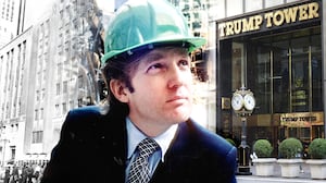 A photo composite of Donald Trump in 1980 at the Trump Tower construction site and the former Bonwit Teller Fifth Avenue store.