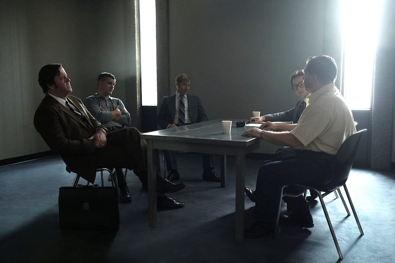 (l-r) Chris Sullivan as Bill Kunkle, Hamish Allan-Headley as Det. Michael Albrecht, James Badge Dale as Det. Joe Kozenczak, Michael Angarano as Sam Amirante, and Michael Chernus as John Wayne Gacy.