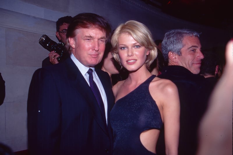 Donald Trump, Belgian model Ingrid Seynhaeve, and Jeffrey Epstein attend the Victoria's Secret “Angels” party on April 28, 1997 in New York City. (Sonia Moskowitz/Getty Images).