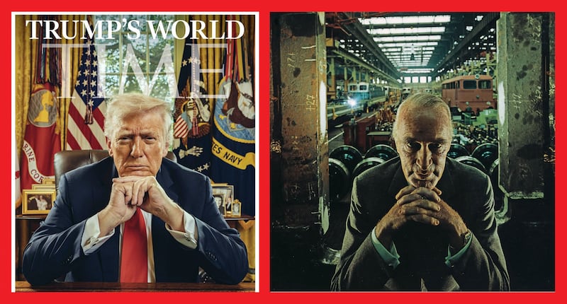 On the left, President Donald Trump on the cover of Time Magazine, released on October 23, 2025. On the right, a photograph by Arnold Newman, taken in 1963, of Alfred Krupp, a convicted Nazi war criminal and German industrialist.