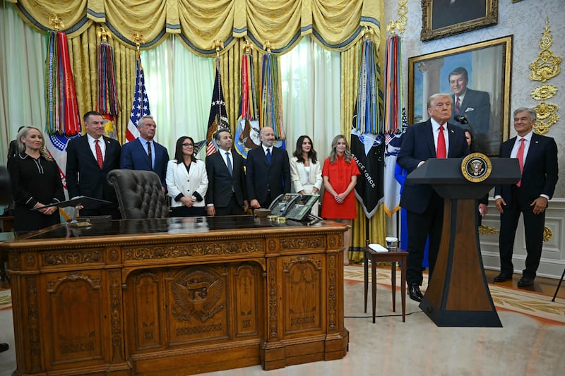 US President Donald Trump makes an announcement in the Oval Office of the White House in Washington, DC, on October 16, 2025. (Photo by ANDREW CABALLERO-REYNOLDS / AFP) (Photo by ANDREW CABALLERO-REYNOLDS/AFP via Getty Images)