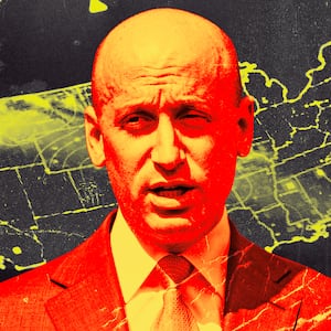 A photo illustration of Stephen Miler and a map of the United States.