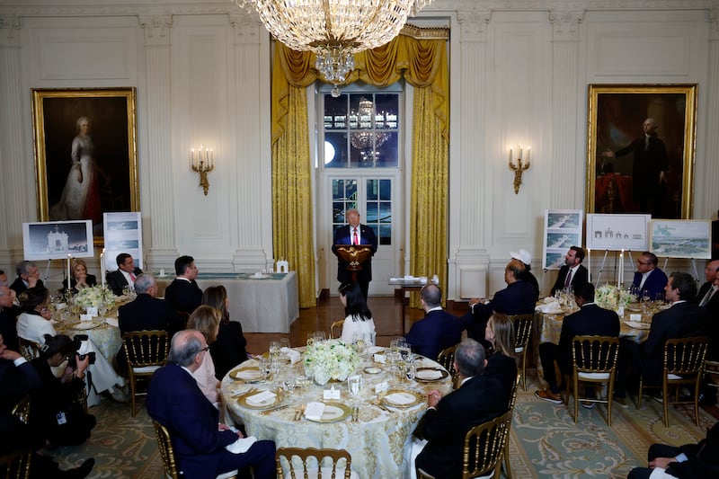 WASHINGTON, DC - OCTOBER 15: U.S. President Donald Trump delivers remarks during a ballroom fundraising dinner in the East Room of the White House on October 15, 2025 in Washington, DC. Trump hosted organizations and individuals for a fundraising dinner for the new $250 million ballroom addition currently under construction at the White House. (Photo by Kevin Dietsch/Getty Images)