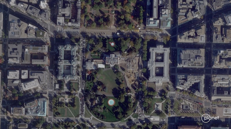 Satellite image showing the White House and the demolished East Wing on October 23, 2025