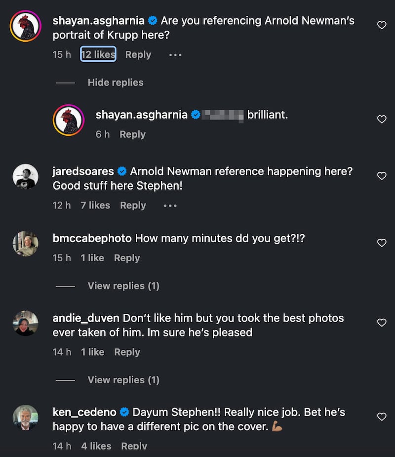 Screenshot of the comment section of Stephen Voss's Instagram post of his photograph on the cover of Donald Trump. Commenters compared the portrait of the president to one of Alfred Krupp taken by Arnold Newman
