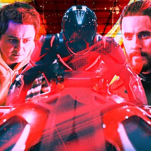 A photo illustration of Greta Lee as Eve Kim, Jared Leto as Ares, and Arturo Castro as Seth Flores in Tron: Ares.