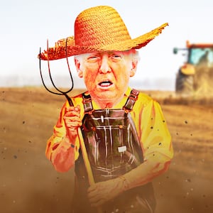 A photo illustration of Donald Trump dressed as a farmer in front of a dusty dirt field.