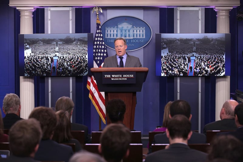 Sean Spicer spent his first White House press conference talking about Trump's 2021 inauguration crowd size.