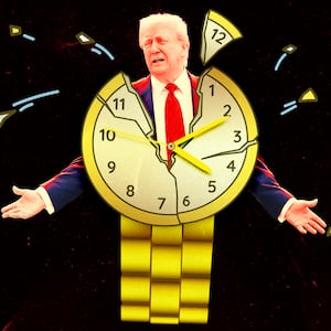 A photo illustration of Donald Trump and a broken golden wrist watch.