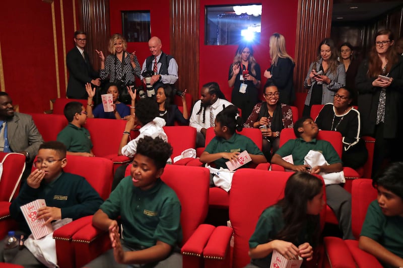 Thirty sixth-grade students from Digital Pioneers Academy wait for the arrival of first lady Melania Trump for a screening of the motion picture 'Wonder' in the White House movie theater Oct. 23, 2018 in Washington, DC.