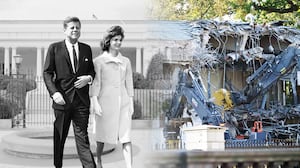 A photo illustration of President John F. Kennedy and first lady Jacqueline Kennedy in front of the East Wing of the White House.