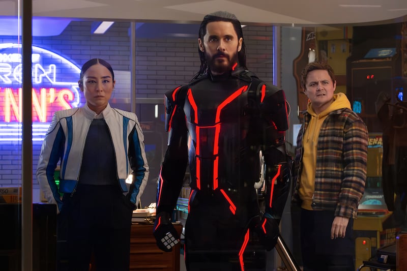 Greta Lee as Eve Kim, Jared Leto as Ares, and Arturo Castro as Seth Flores.