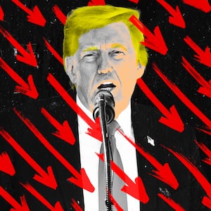 A photo illustration of Donald Trump and falling red arrow approval ratings.