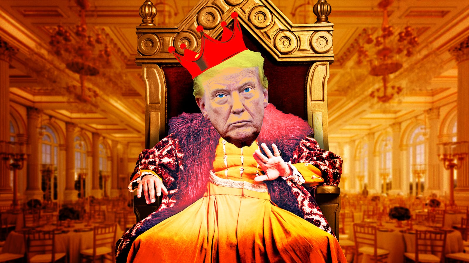 A photo illustration of President Donald Trump as a king on a throne inside the mock-up of his White House Ballroom.
