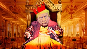 A photo illustration of President Donald Trump as a king on a throne inside the mock-up of his White House Ballroom.