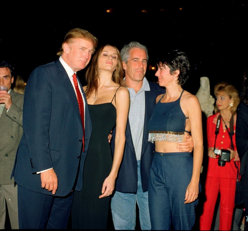 Trump, Melania Trump, Epstein, and Maxwell all pose together at a party.