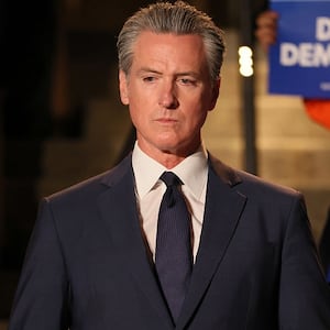 Gov. Gavin Newsom was in Los Angeles to announce an effort to quickly redraw the state's congressional districts at the Japanese American Museum in Los Angeles on Thursday, Aug. 14, 2025.  (Allen J. Schaben / Los Angeles Times via Getty Images)