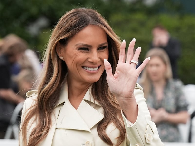 U.S. first lady Melania Trump waves during the annual White House Easter Egg Roll event