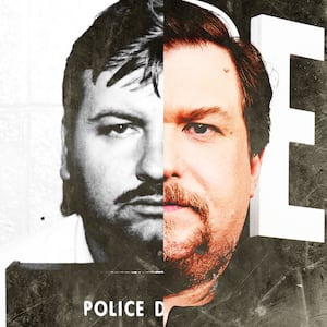 A photo illustration of John Wayne Gacy and Michael Chernus.