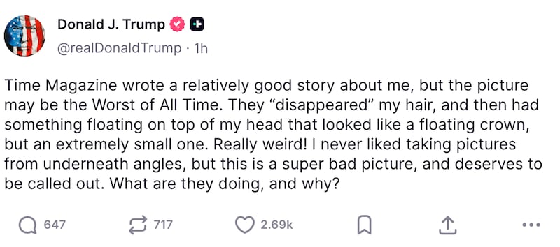 Trump's Truth Social complaining about the Time cover.
