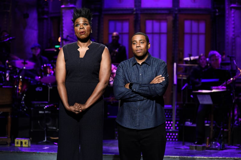 SATURDAY NIGHT LIVE -- "Halsey" Episode 1758 -- Pictured: (l-r) Leslie Jones and Kenan Thompson during the "Black History Month" Presentation on Saturday, February 9, 2019 -- (Photo by: Will Heath/NBCU Photo Bank/NBCUniversal via Getty Images via Getty Images)