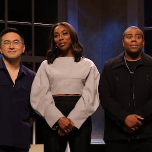 Bowen Yang, Ego Nwodim, Kenan Thompson, Heidi Gardner, Marcello Hernández, and Sarah Sherman during the "SNL For Trump" Cold Open on Saturday, November 9, 2024