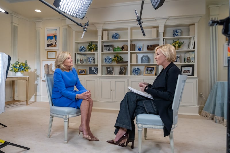 First Lady Jill Biden participates in an interview with Morning Joe co-host Mika Brzezinski Wednesday, Jan. 10, 2024, in the her East Wing Office of the White House.