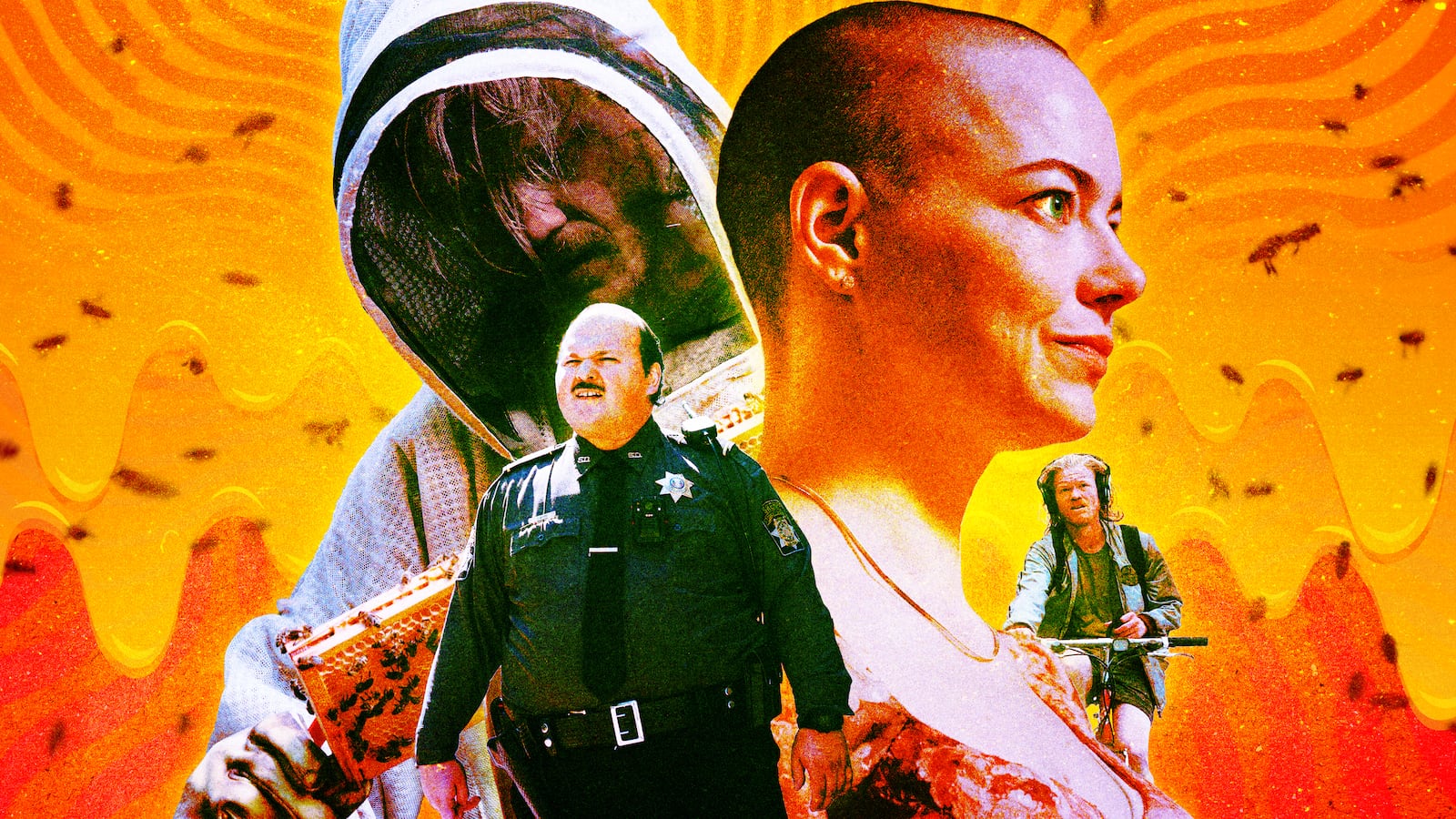 A photo illustration of Jesse Plemons, Emma Stone, and Stavros Halkias in Bugonia.