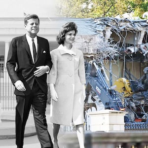 A photo illustration of President John F. Kennedy and first lady Jacqueline Kennedy  in front of the East Wing of the White House.