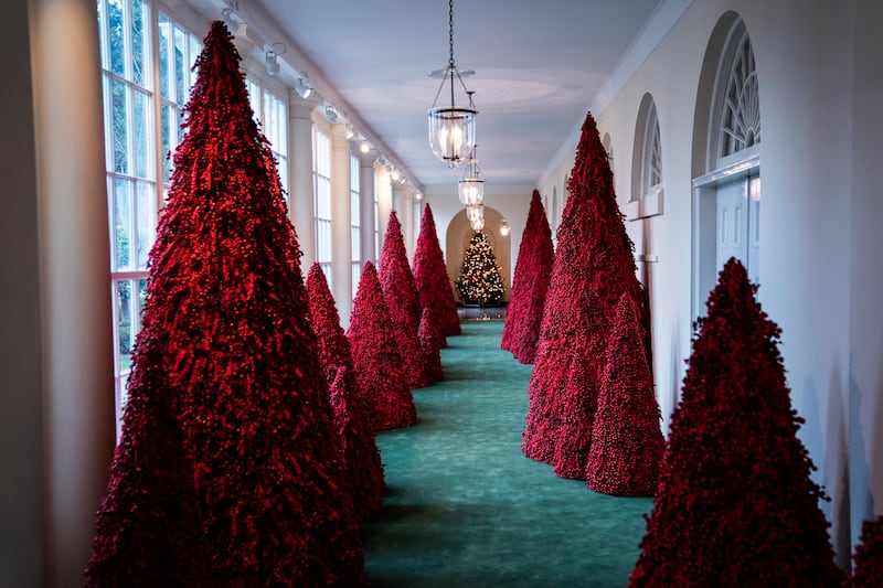 Blood red trees line the East Colonnade during the White House Christmas preview in the East Wing of the White House on Monday, Nov. 26, 2018