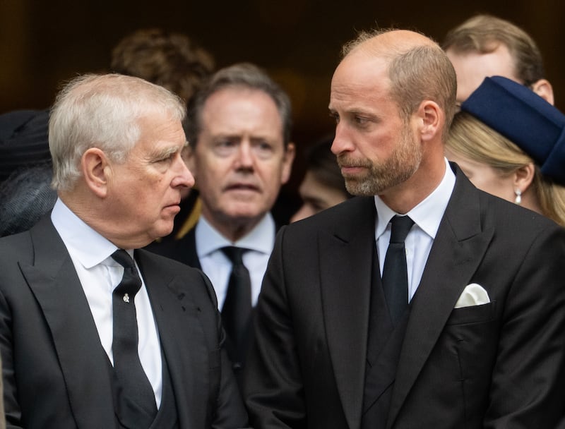 Prince Andrew, Duke of York and Prince William, Prince of Wales at the funeral for  the Duchess of Kent