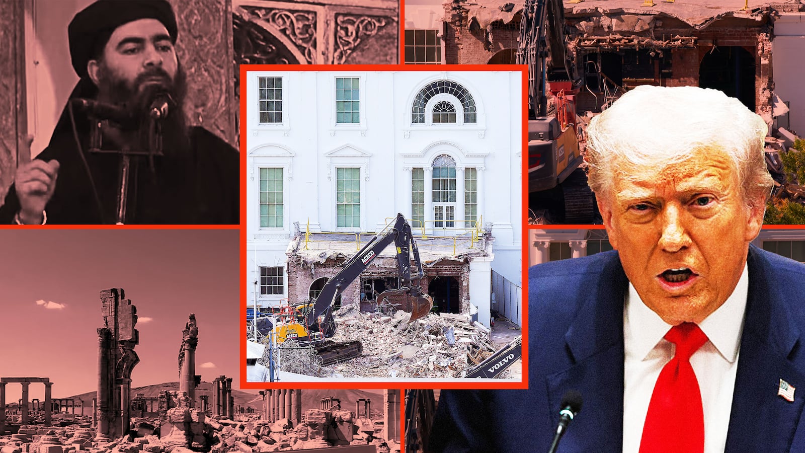 Donald Trump, an image showing the destruction of the white house, Abu Bakr Al-Baghdadi, and the ruins of a Triumphant Arc destroyed by ISIS