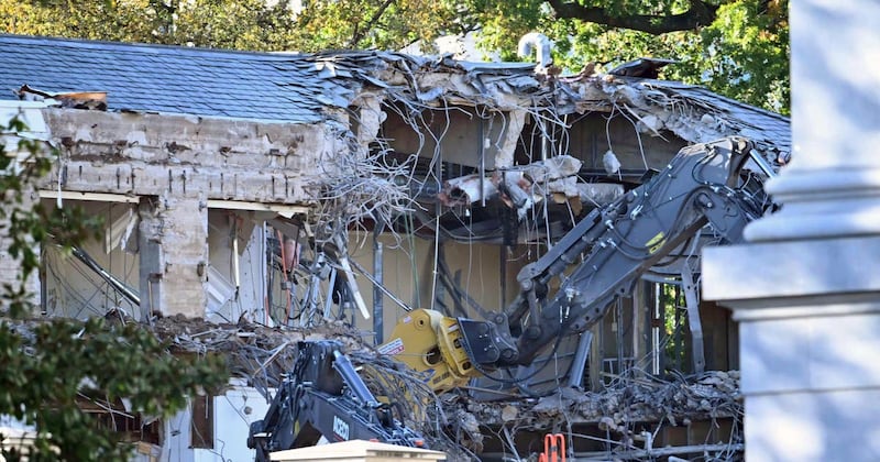 Heavy machinery tears into section of the East Wing on October 20, 2025.